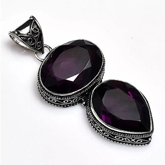 Antique Amethyst Pendant Necklace, Sterling Silver, Charm Gemstone, State… - Picture 2 of 5